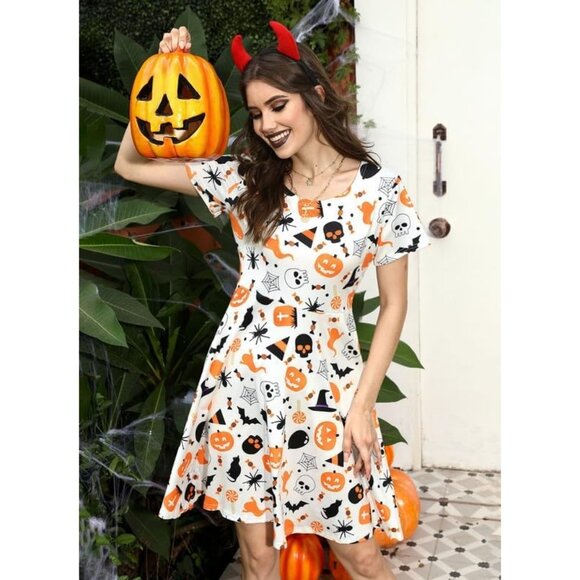 Halloween Dress for Women Short Sleeves Vintage Style A-Line Party Dresses - Picture 4 of 7